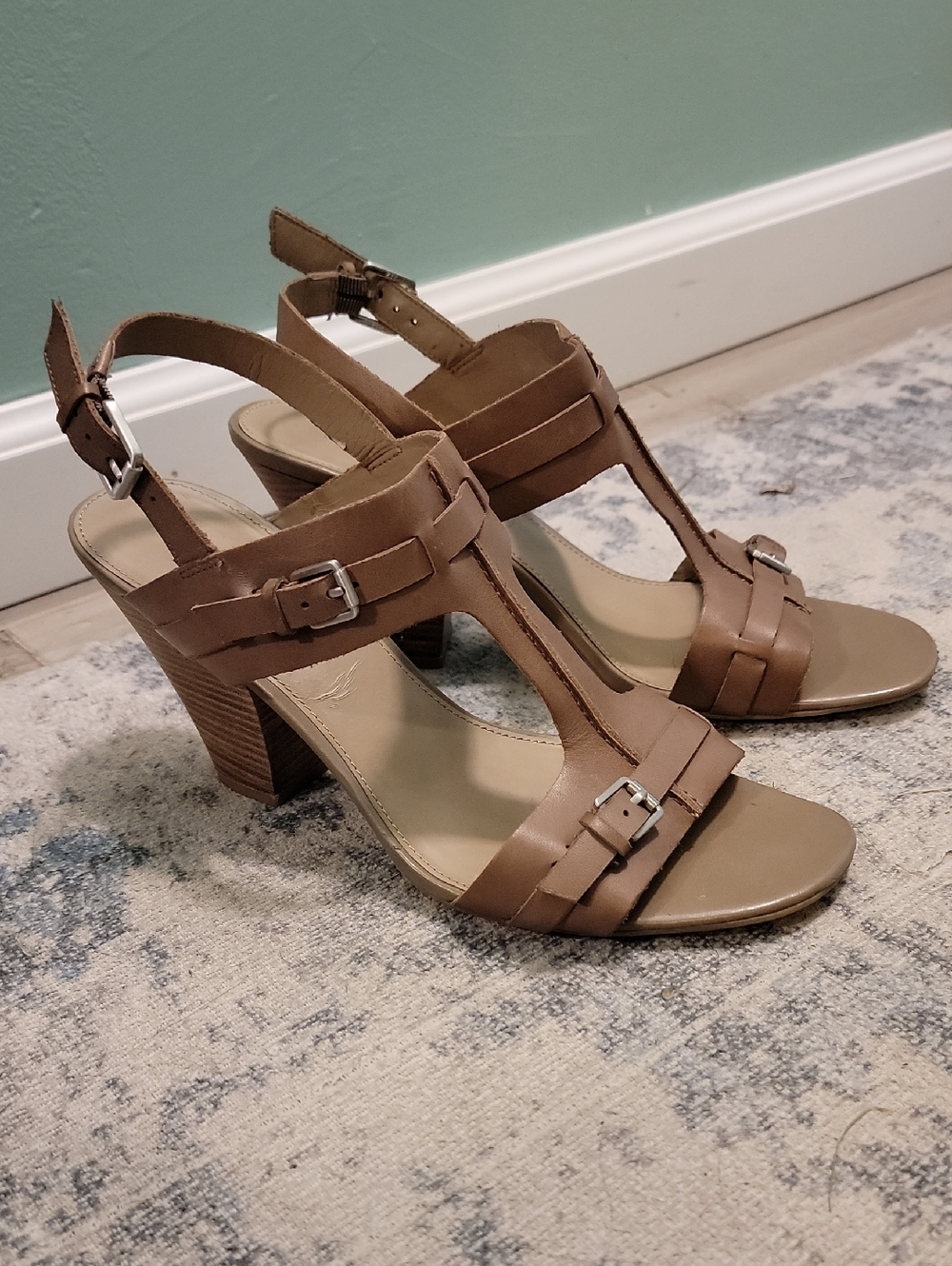 Franco Sarto Brown T-Strap Block Heel Sandals